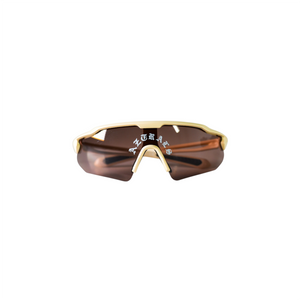 Sunglasses with gold frame and brown lenses on a white background